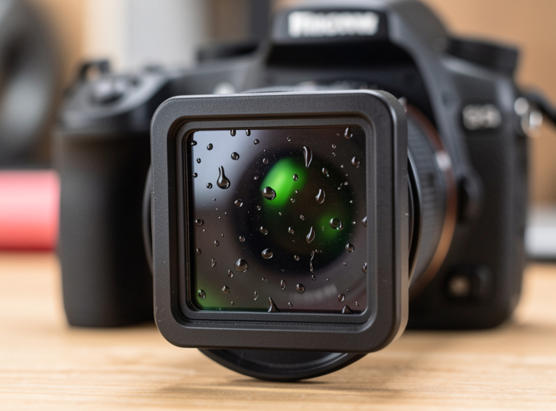 Close-up of a square 10-stop ND filter in a holder in front of a camera lens with water droplets on the glass
