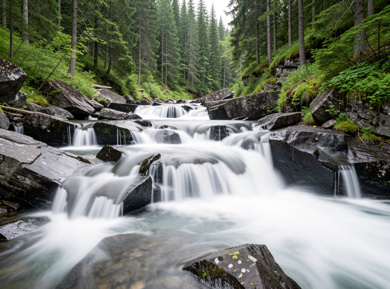 Long exposure of a waterfall with silky smooth water over dark granite in a green Nordic forest