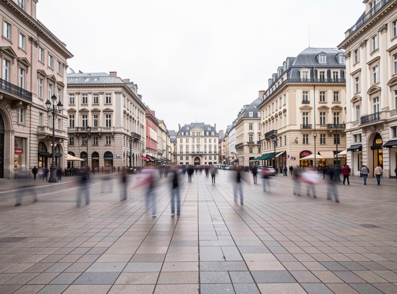 Busy city square photographed with a long exposure so moving people vanish, leaving faint ghost trails
