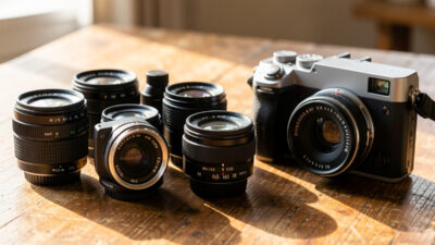 Vintage M42 screw-mount prime lenses beside a mirrorless camera
