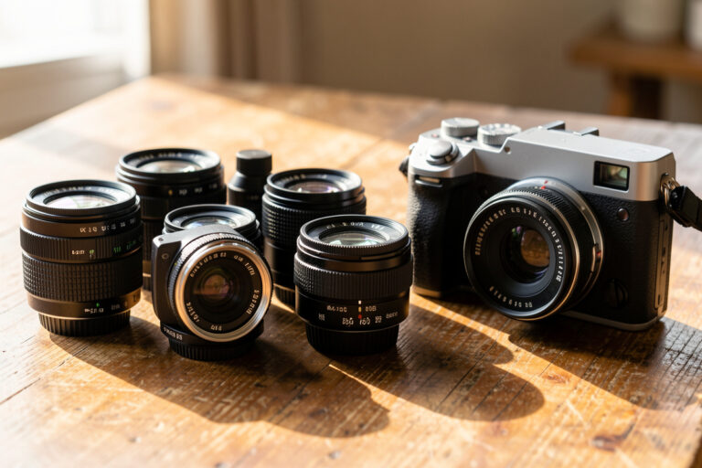 Vintage M42 screw-mount prime lenses beside a mirrorless camera