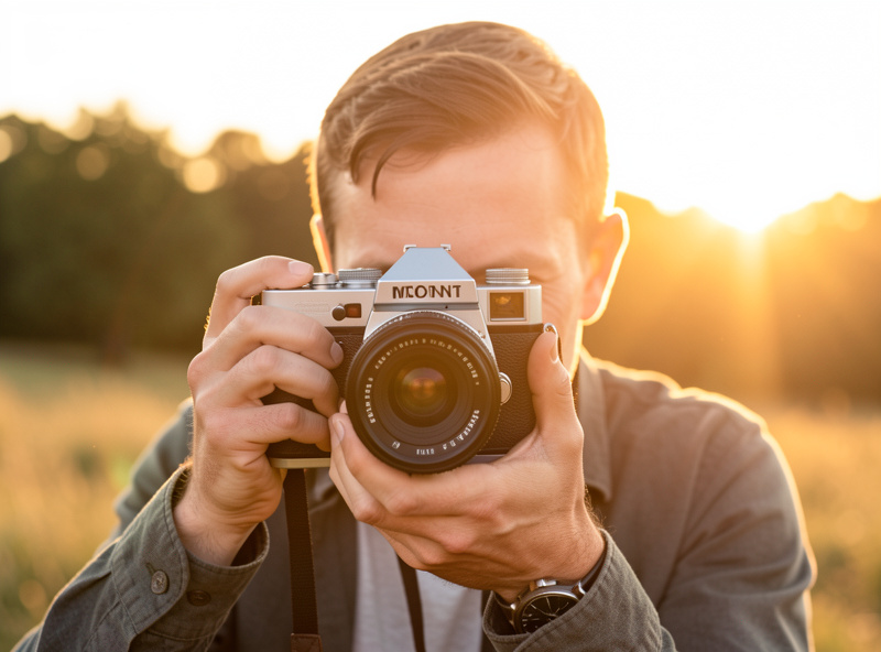 Photographer holding a mirrorless camera with an adapted M42 prime lens outdoors at golden hour