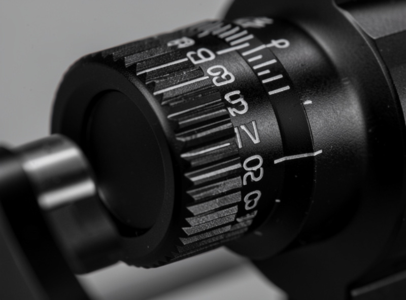 Close-up of the geared micrometer knob and millimetre scale on a black anodized macro focus rail