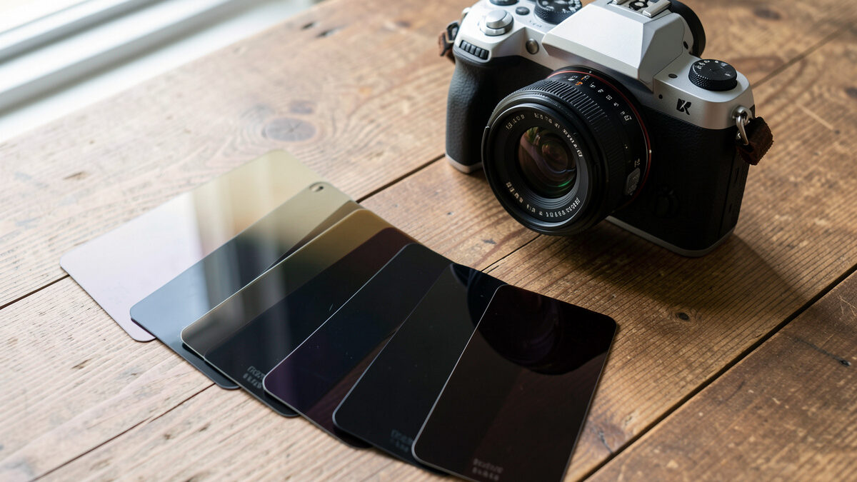 A set of neutral density filters of varying strengths beside a camera and lens