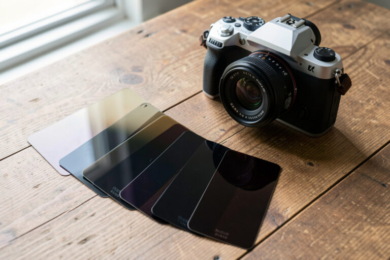 A set of neutral density filters of varying strengths beside a camera and lens