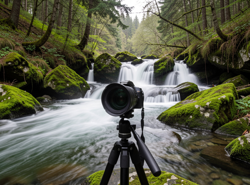 Neutral density filter mounted on a wide-angle lens on a tripod photographing a waterfall in a forest