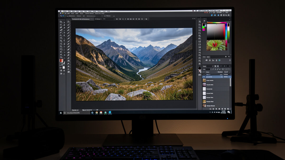 Photo editing workstation with a calibrated monitor showing a landscape being sharpened in a develop panel