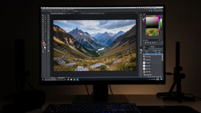 Photo editing workstation with a calibrated monitor showing a landscape being sharpened in a develop panel