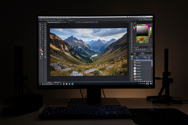 Photo editing workstation with a calibrated monitor showing a landscape being sharpened in a develop panel