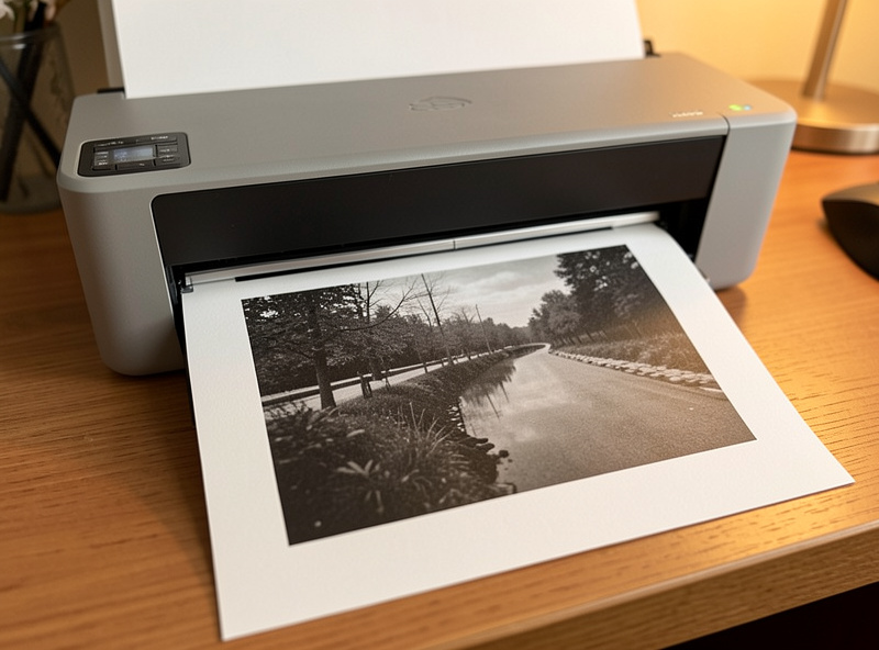 A detailed fine-art photo print emerging from a desktop photo printer with crisp visible texture
