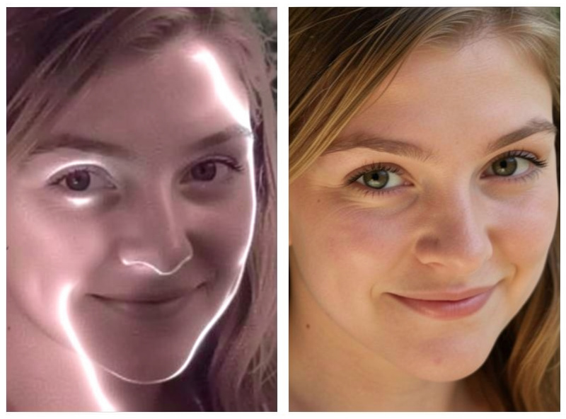 Close-up comparison on screen of an over-sharpened photo with visible white halos along edges next to a naturally sharp version