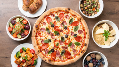 A directly overhead flat-lay of a colorful pizza and side dishes on a table