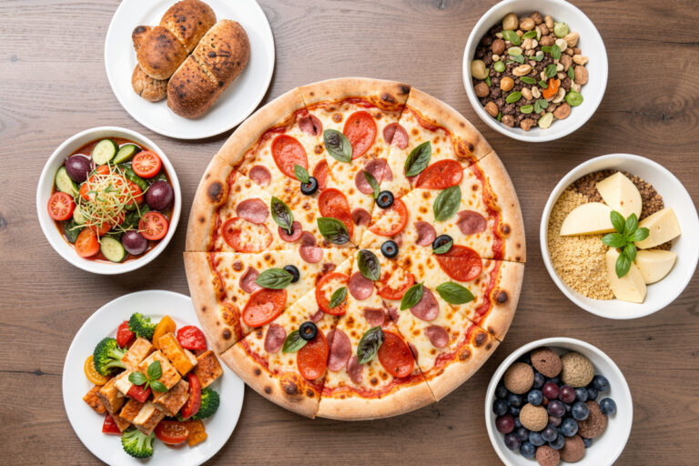 A directly overhead flat-lay of a colorful pizza and side dishes on a table