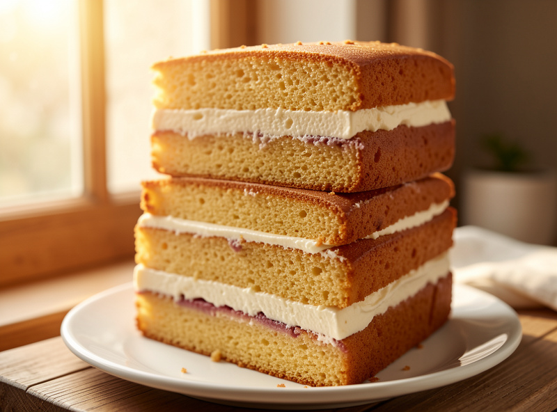 A stacked layered cake photographed at 45 degrees showing every layer of sponge and cream