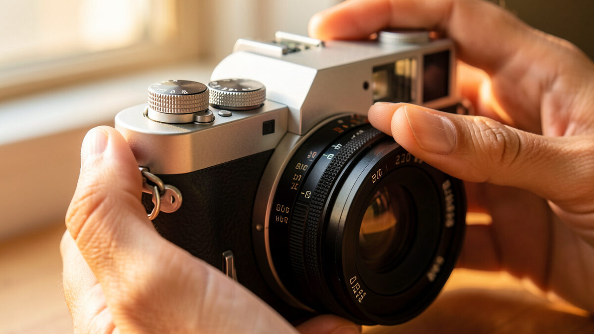Photographer's fingers turning the shutter speed dial on a retro-styled mirrorless camera