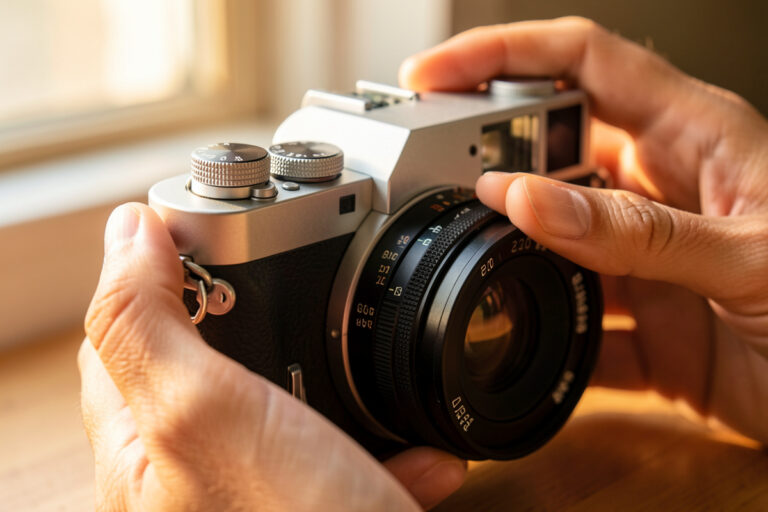 Photographer's fingers turning the shutter speed dial on a retro-styled mirrorless camera