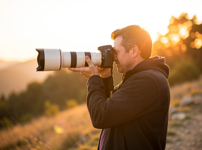 Photographer bracing to shoot with an extended telephoto zoom lens outdoors at golden hour, side profile in warm light