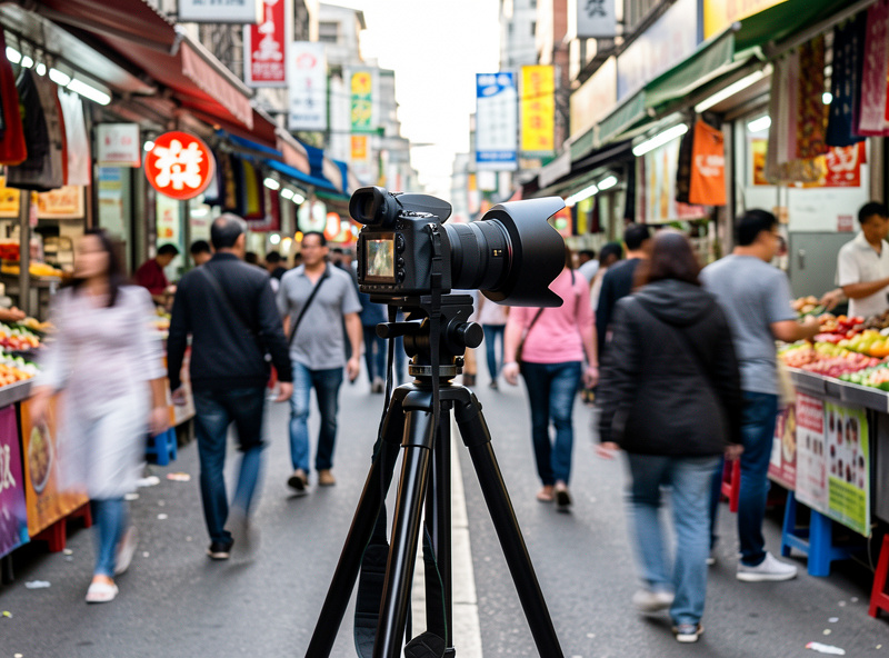 Tripod-mounted camera with a large ND filter aimed at a busy market street with motion-blurred pedestrians
