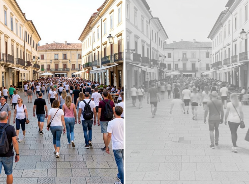 Before and after concept of a crowded tourist square versus the same square emptied by long exposure