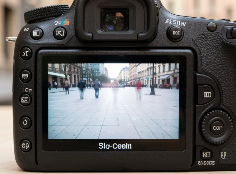 Close-up of a camera rear screen showing a long exposure of an empty-looking public square with faint people ghosts