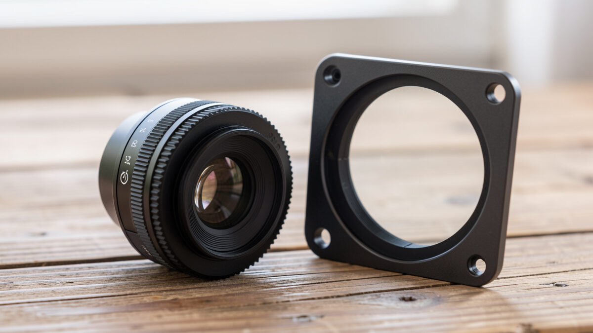 A screw-in filter beside a square filter holder kit on a bench