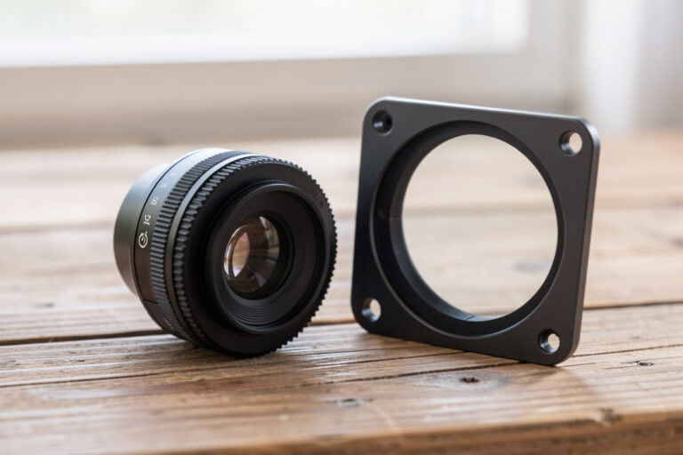 A screw-in filter beside a square filter holder kit on a bench