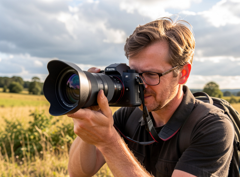 Videographer adjusting a variable ND filter on a mirrorless camera outdoors in changing light