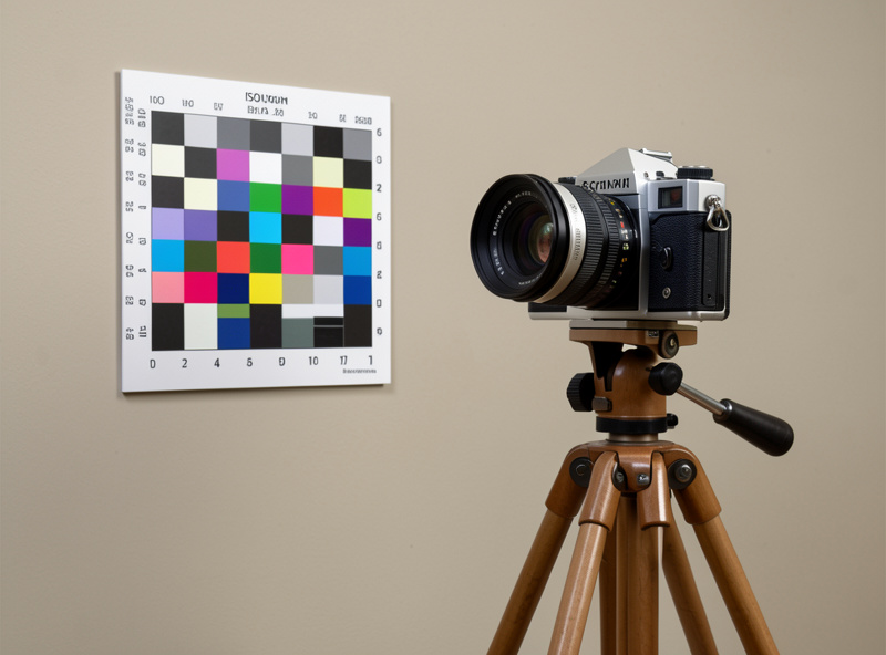 A vintage prime lens mounted on a 40MP mirrorless camera aimed at a resolution test chart on a wall