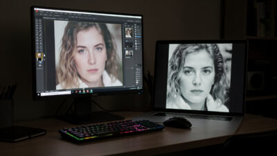 Calibrated monitor showing a magnified soft photo beside a sharp one on an editing desk