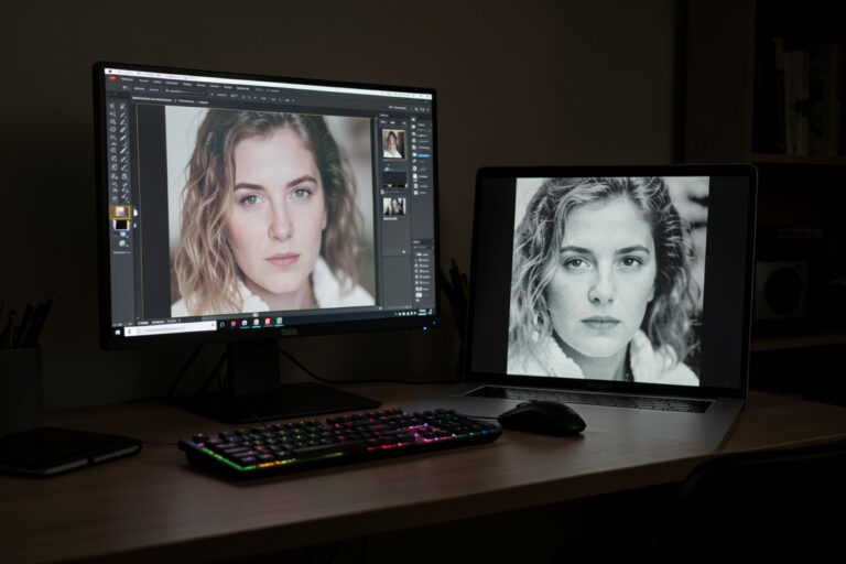 Calibrated monitor showing a magnified soft photo beside a sharp one on an editing desk