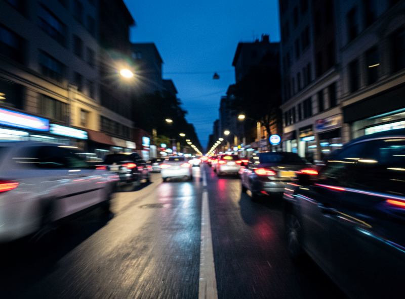 Handheld night city street photograph with directional motion blur streaking the lights