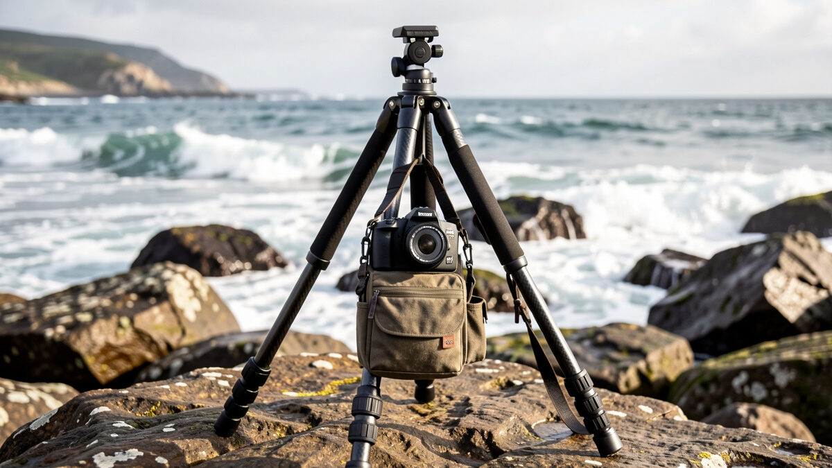 Carbon tripod planted low and wide with a camera bag hung from the hook as a wind anchor