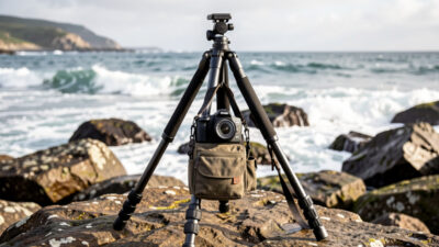 Carbon tripod planted low and wide with a camera bag hung from the hook as a wind anchor