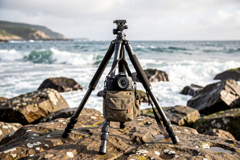 Carbon tripod planted low and wide with a camera bag hung from the hook as a wind anchor