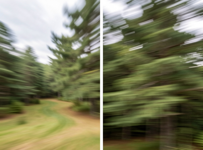 Close-up comparison of a sharp versus soft long exposure landscape at 100 percent crop showing subtle motion blur