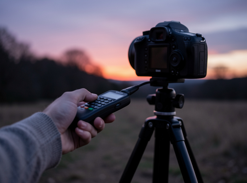 Photographer's hand pressing a cable remote shutter release attached to a tripod-mounted camera at dusk